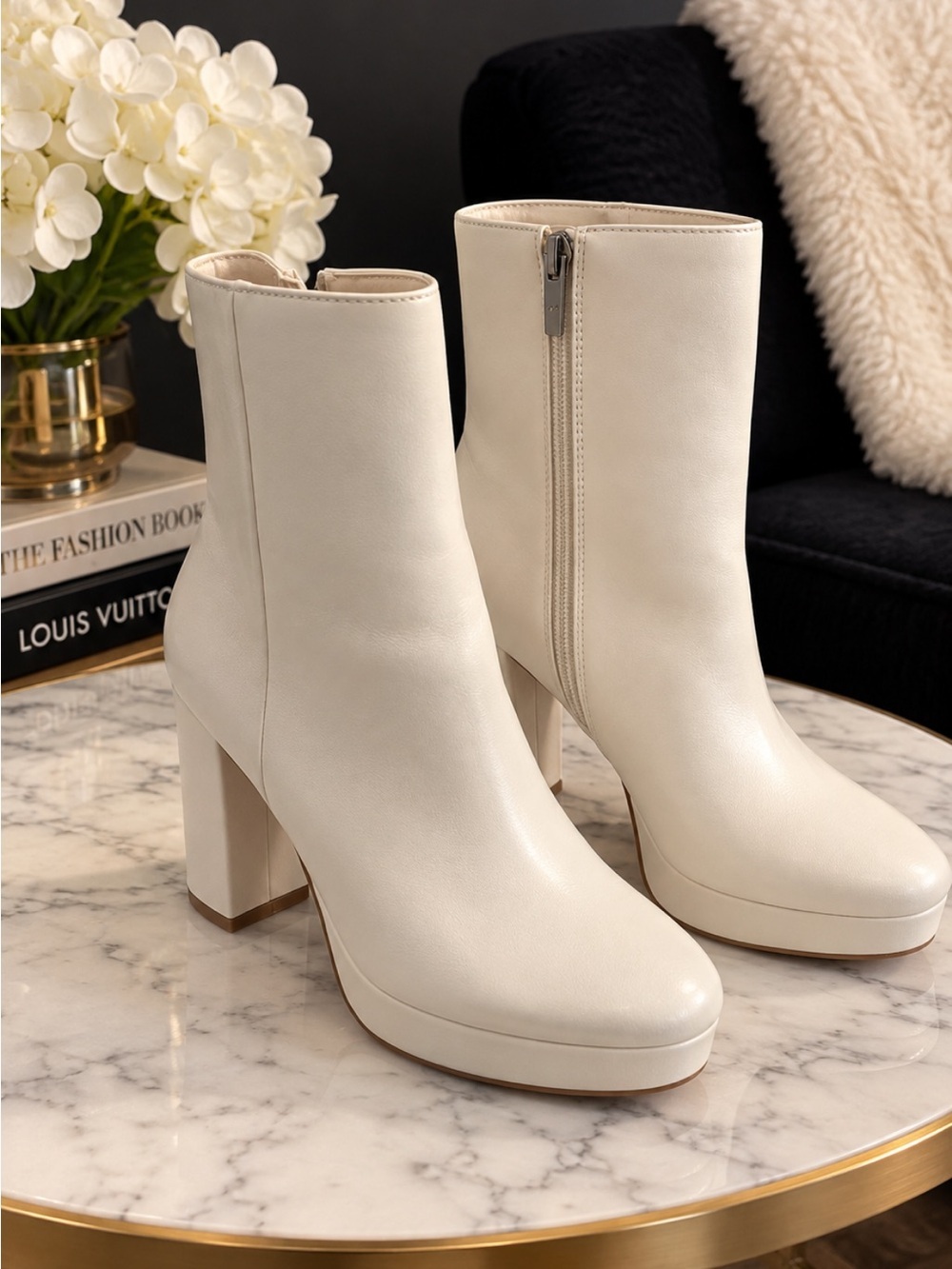 Marc Fisher Cream Platform Ankle Booties with Side Zip